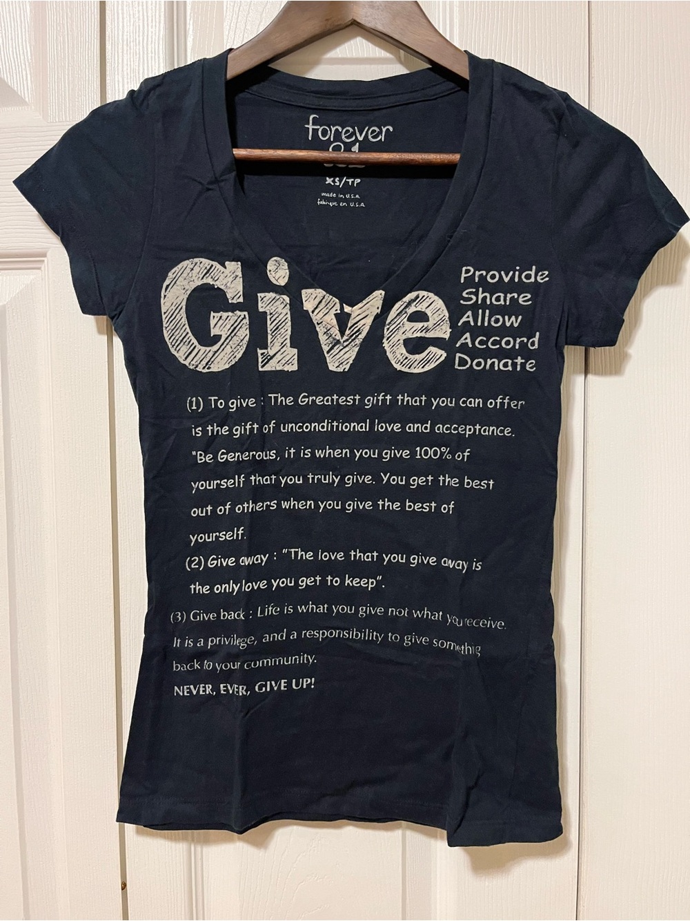 Forever 21 Women’s 'Give' Graphic V-Neck T-Shirt in Navy Blue